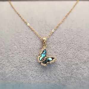 18K Gold Plated Stainless Steel Abalone Inlay Butterfly Pendant and Chain